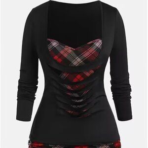 Black w/buffalo plaid spliced layered top cinched sides Flattering Size Small, S